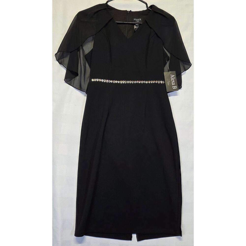 Alexa B Nites Black Cocktail Dress Formal Evening Sheath Midi Capelet Size 4